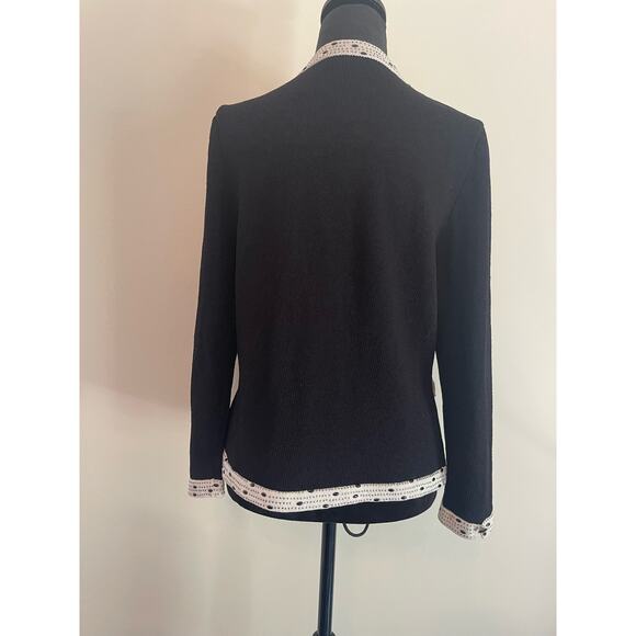 J.S.S knitwear jacket med black cream wool blend full zip elegant detail beads - Picture 4 of 11